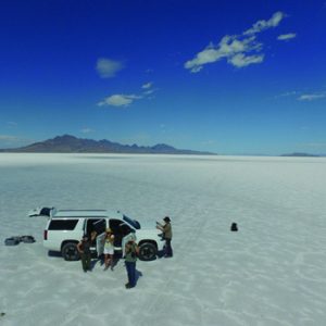 aerial photo of researchers on Bonneville Salt Flats