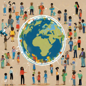 Colorful graphic of a globe centered in the fram, surrounded by people with diverse clothing and skin tones.